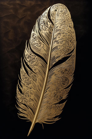 Golden feather with ornate ornament. Decorative intricate element on grunge background. AI generativeの素材