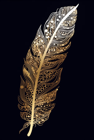 Golden feather with ornate ornament. Printable wall art, isolated on black background. AI generativeの素材