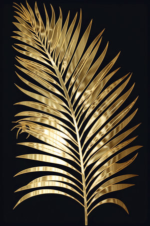 Golden palm leaf on black background. Vertical decorative element, wall art. AI generativeの素材