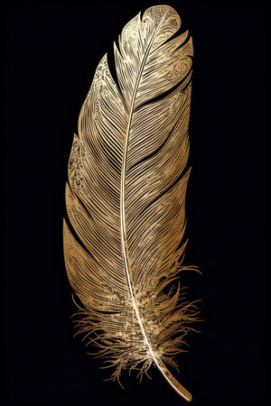 Golden feather with ornate ornament. Vertical wall art on black background. AI generativeの素材
