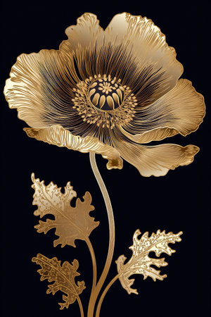 Golden poppy flower on a black background. Vertical wall art. AI generativeの素材