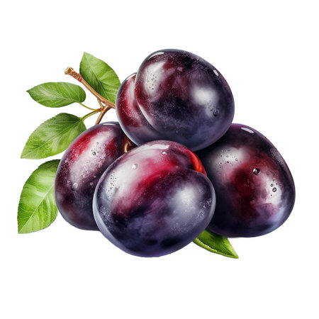 Plum. Realistic close-up illustration of fresh fruit, isolated on white background. AI generativeの素材