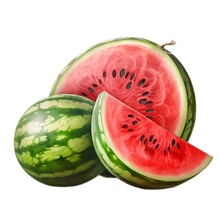 Watermelon. Realistic close-up illustration of fresh fruit, isolated on white background. AI generativeの素材