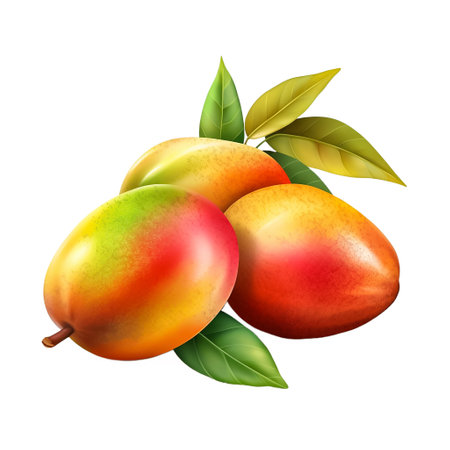 Mango. Realistic close-up illustration of fresh fruit, isolated on white background. AI generativeの素材