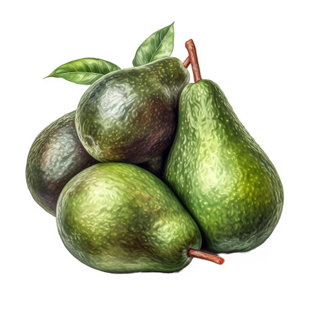 Avocado. Realistic close-up illustration of fresh fruit, isolated on white background. AI generativeの素材