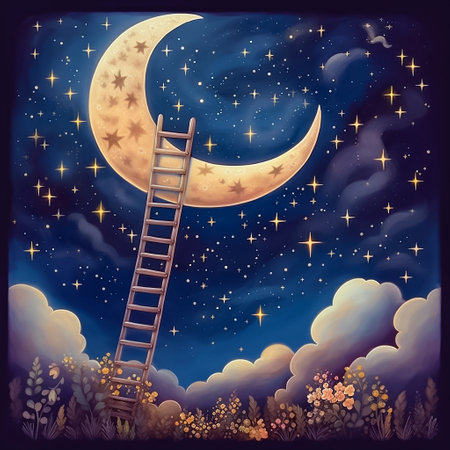 Stairs to the moon. Fairytale illustration in cartoon style. AI generativeの素材