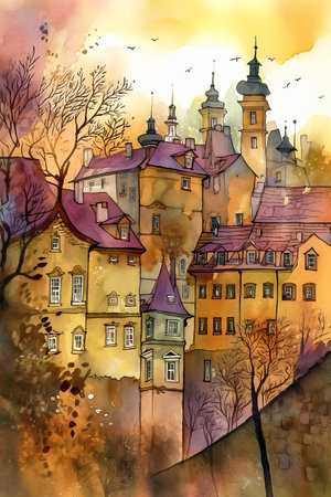 Cute cartoon autumn cityscape. Urban sketch. Europen city, vertical illustration in watercolor style. AI generativeの素材