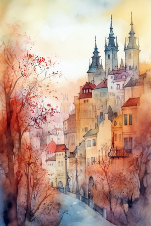 Autumn urban sketch. Watercolor vertical cartoon illustration. AI generativeの素材