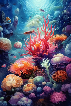 Underwater scene with coral reef and fish. AI generativeの素材