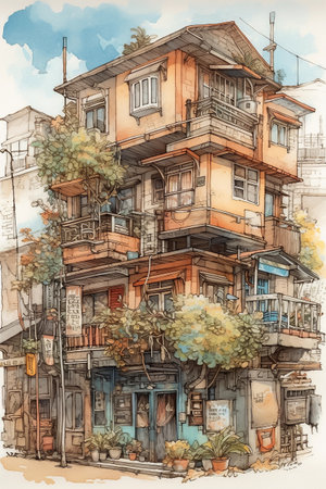 Cityscape sketch. European town. Watercolor vertical cartoon illustration. AI generativeの素材