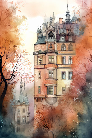 Autumn urban sketch. Watercolor vertical cartoon illustration. AI generativeの素材
