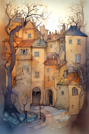 Urban sketch. Autumn in the old town of european. Watercolor cartoon illustration. AI generativeの素材