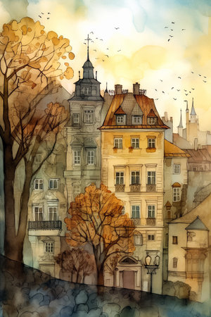 Autumn cityscape, old town in Europe. Cute cartoon illustration in watercolor style. AI generativeの素材