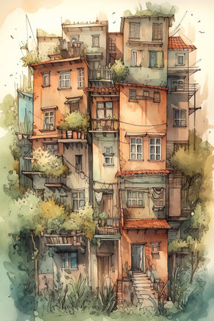 Cityscape sketch. Watercolor vertical cartoon illustration. AI generativeの素材
