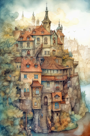 Watercolor cityscape, illustration of old town of European. AI generativeの素材