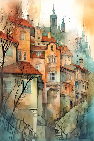 Watercolor urban sketch, old town of European. Cute cartoon illustration. AI generativeの素材