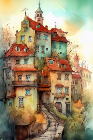 Watercolor urban sketch of street in old town of European. Cute cartoon illustration. AI generativeの素材