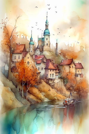 Old European city on the river bank. Autumn landscape. Watercolor cartoon illustration. AI generativeの素材