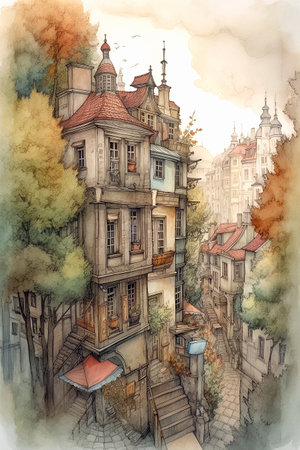 Autumn cityscape, city in Europe. Cute cartoon illustration in watercolor style. AI generativeの素材