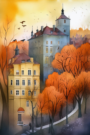 Cityscape sketch. Watercolor vertical cartoon illustration. AI generativeの素材