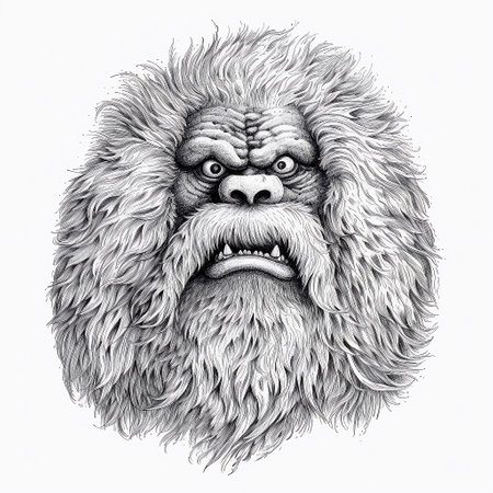 Cartoon graphic drawing of yeti face, scary mythical character. Isolated on white, t-short design. AI generativeの素材