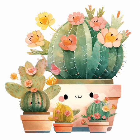 Cartoon cactuses in a pot, watercolor illustration. Generaive AIの素材