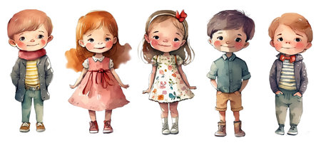 Funny cartoon little kids in different casual clothes, white background, boys and girls, children watercolor clipart. Generative AIの素材