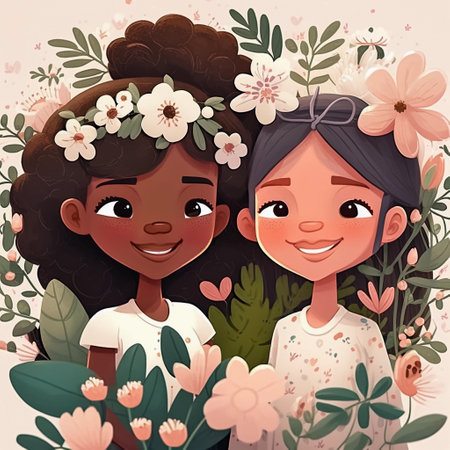 Cartoon cute little girls with flowers. Anime characters, smiling kids faces, two children on floral background. Generative aiの素材