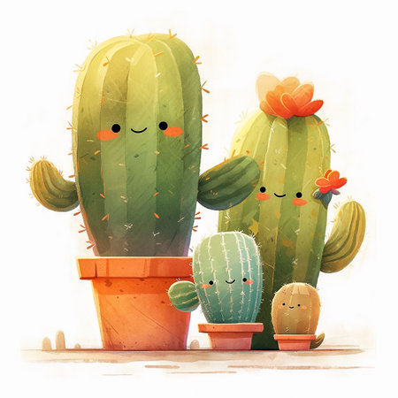 Cute cartoon cactuses in clay pots. Watercolor illustration. Generative AIの素材