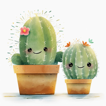 Cute watercolor cartoon smiling cactus characters. Generative AIの素材