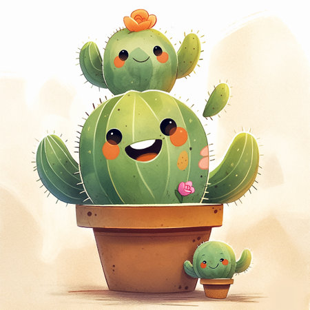 Cute cartoon cactus character in a pot. Watercolor illustration. Generative AIの素材