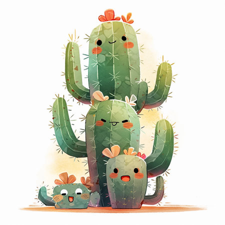 Cute cartoon cactuses with funny faces. Watercolor illustration. Generative AIの素材
