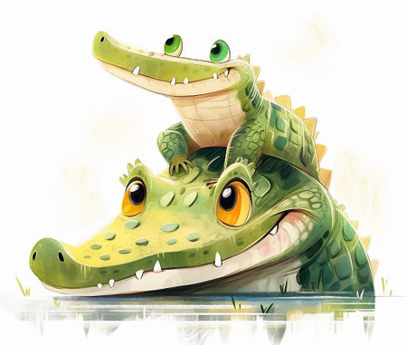 Watercolor cute crocodile and her baby. Cartoon illustration for children's book. AI generativeの素材