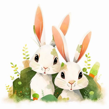 Watercolor cute white rabbits with green leaves. Cartoon illustration for children's book. AI generativeの素材