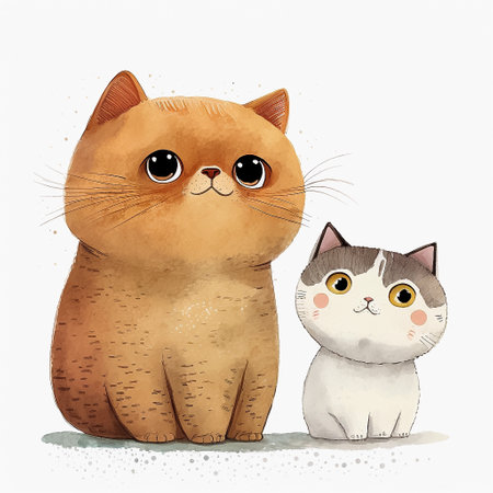 Cartoon scene with cat and kitten on white background. Watercolor illustration for children's book. AI generativeの素材