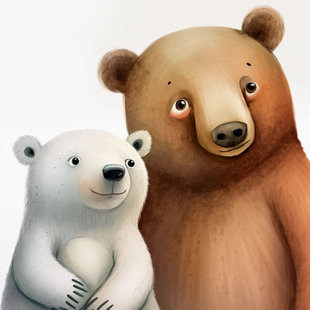 Watercolor cartoon illustration for children's book of a cute brown bear and a polar bear on a white background. AI generativeの素材