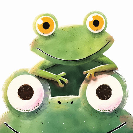 Cartoon scene with mother frog and her baby. Close-up portrait. Watercolor illustration for children's book. AI generativeの素材