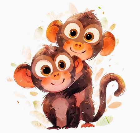 Cute cartoon baby monkeys. Watercolor illustration for children's book. AI generativeの素材