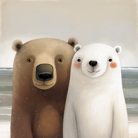 Cartoon scene with couple of brown and polar bears on the beach. Watercolor illustration for children's book. AI generativeの素材