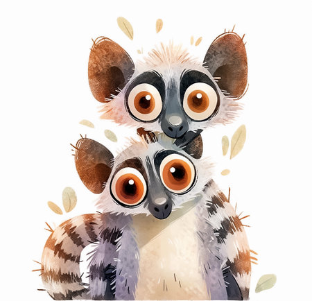 Cartoon scene with lemur on white background. Watercolor illustration for children's book. AI generativeの素材