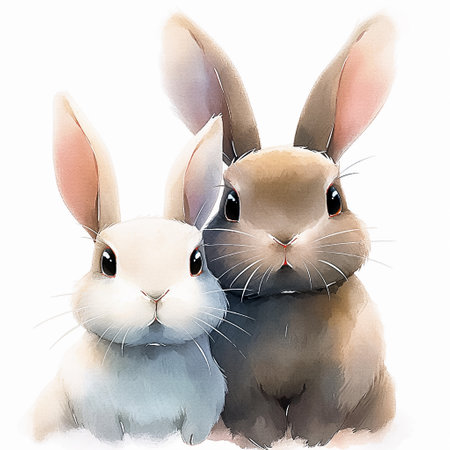 Two cartoon rabbits, isolated on white background. Watercolor illustration. AI generativeの素材