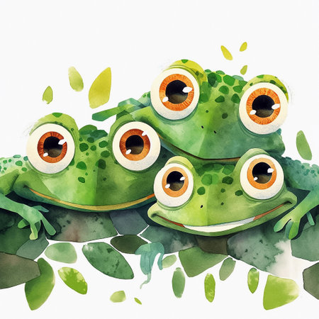 Cartoon funny green frogs sitting on leaves. Watercolor illustration for children's book. AI generativeの素材
