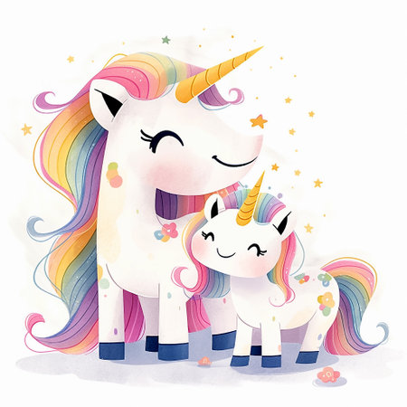 Cute cartoon unicorns with rainbow hair on white background. Illustration for children's book. AI generativeの素材