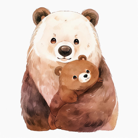 Watercolor illustration of a cartoon bear hugging a cub, isolated on white background. AI generativeの素材
