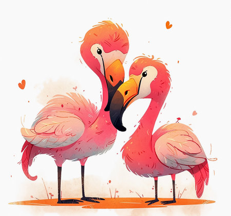 Cartoon scene with flamingos in love. Watercolor illustration for children's book. AI generativeの素材