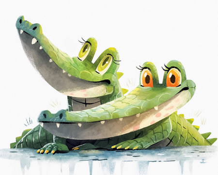 Cartoon scene with couple of alligators in love. Watercolor illustration for children's book. AI generativeの素材