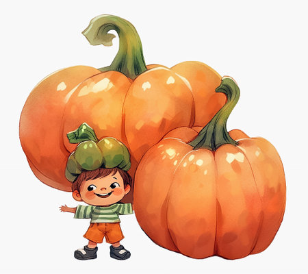 Cartoon little boy and pumpkins on a white background. Watercolor illustration for children's book. AI generativeの素材