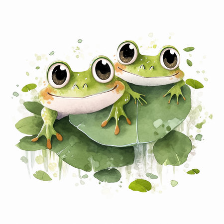 Watercolor cartoon illustration of a couple of green frogs sitting on leaves. White background. AI generativeの素材