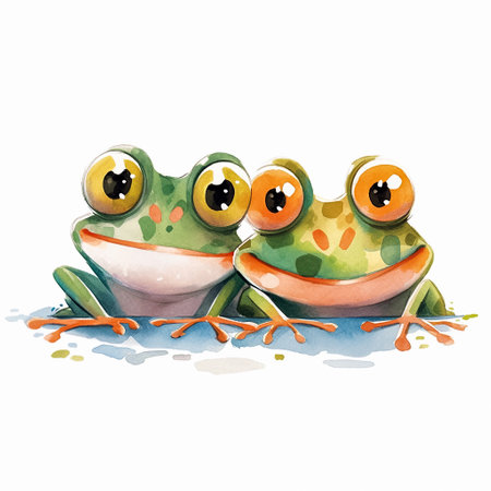 Watercolor cartoon illustration of cute couple of funny frogs on a white background. AI generativeの素材