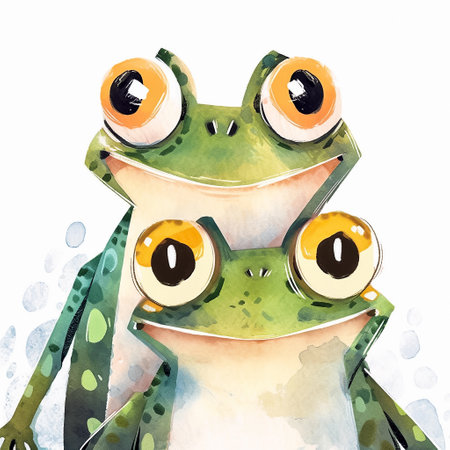 Cute cartoon couple of green frogs with big eyes. Watercolor portrait. AI generativeの素材